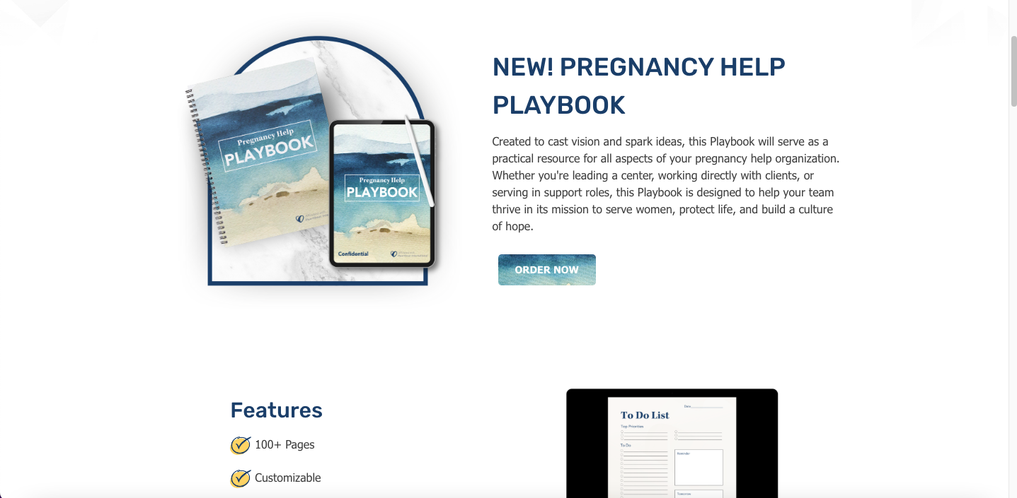 Screenshot of the Pregnancy Help Playbook product webpage